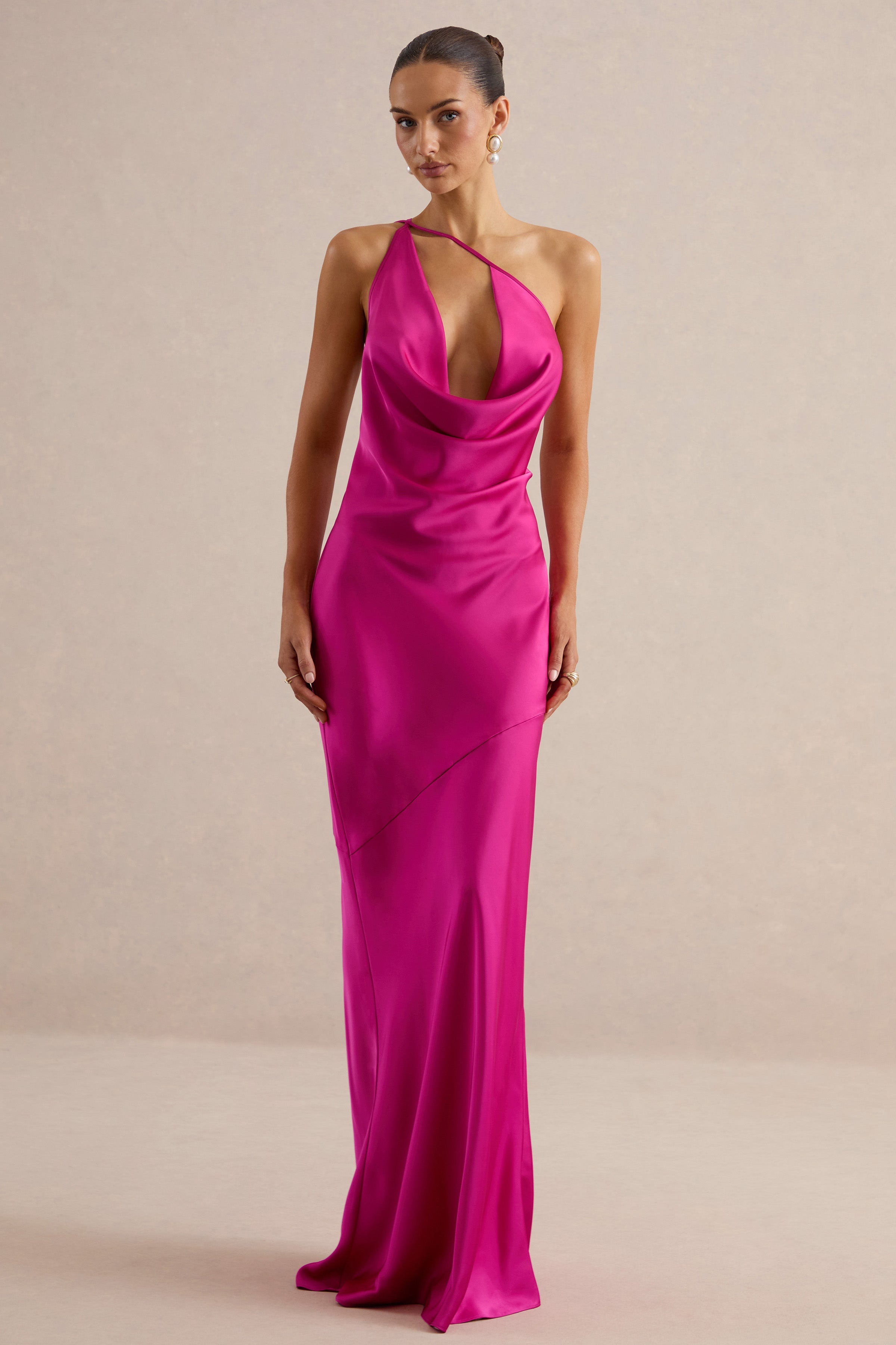 Kamalyn | Hot Pink Satin Asymmetric-Neck Maxi Dress