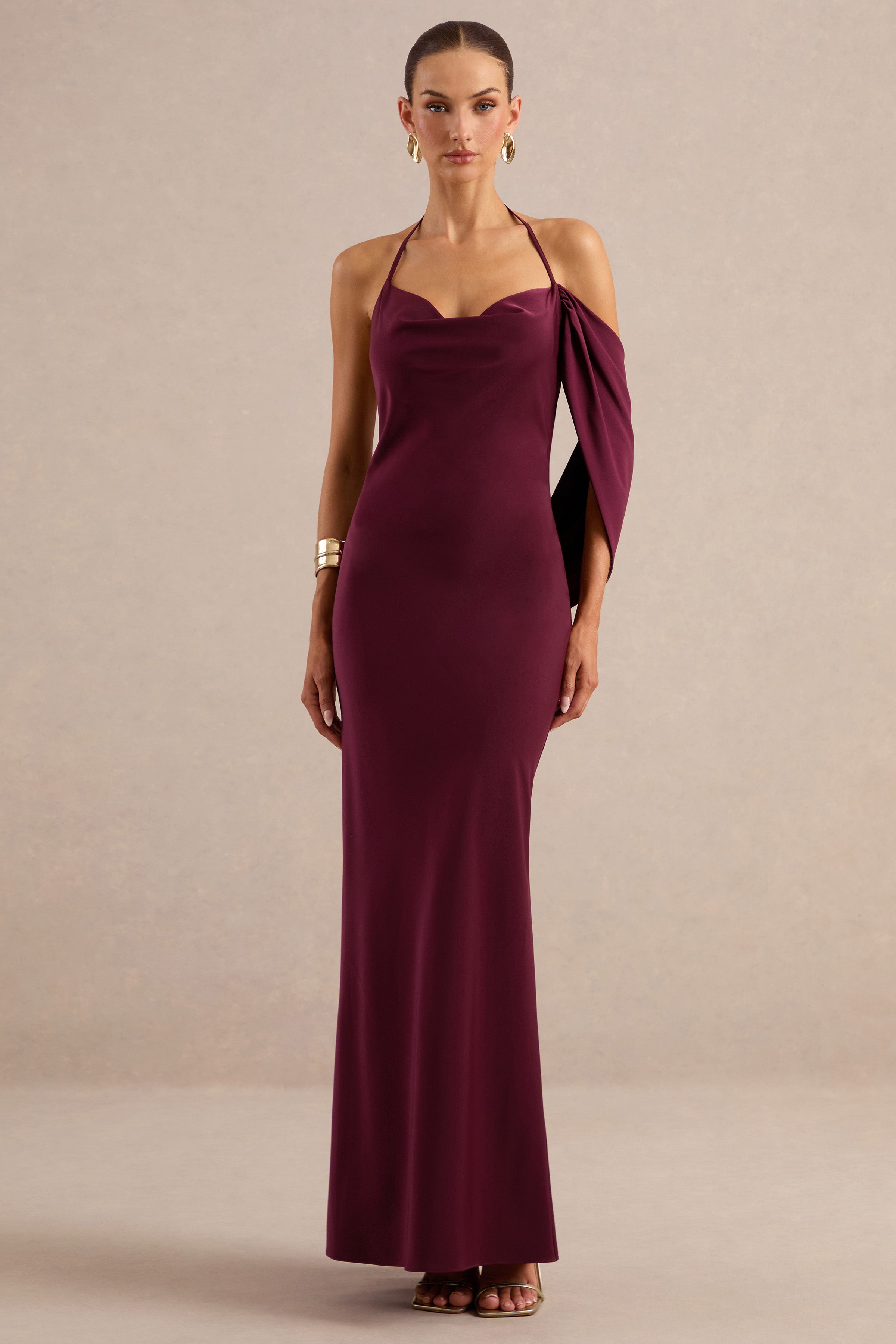 Karisa | Burgundy Satin Cowl-Neck Maxi Dress With Draped Detail
