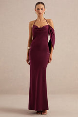 Karisa | Burgundy Satin Cowl-Neck Maxi Dress With Draped Detail