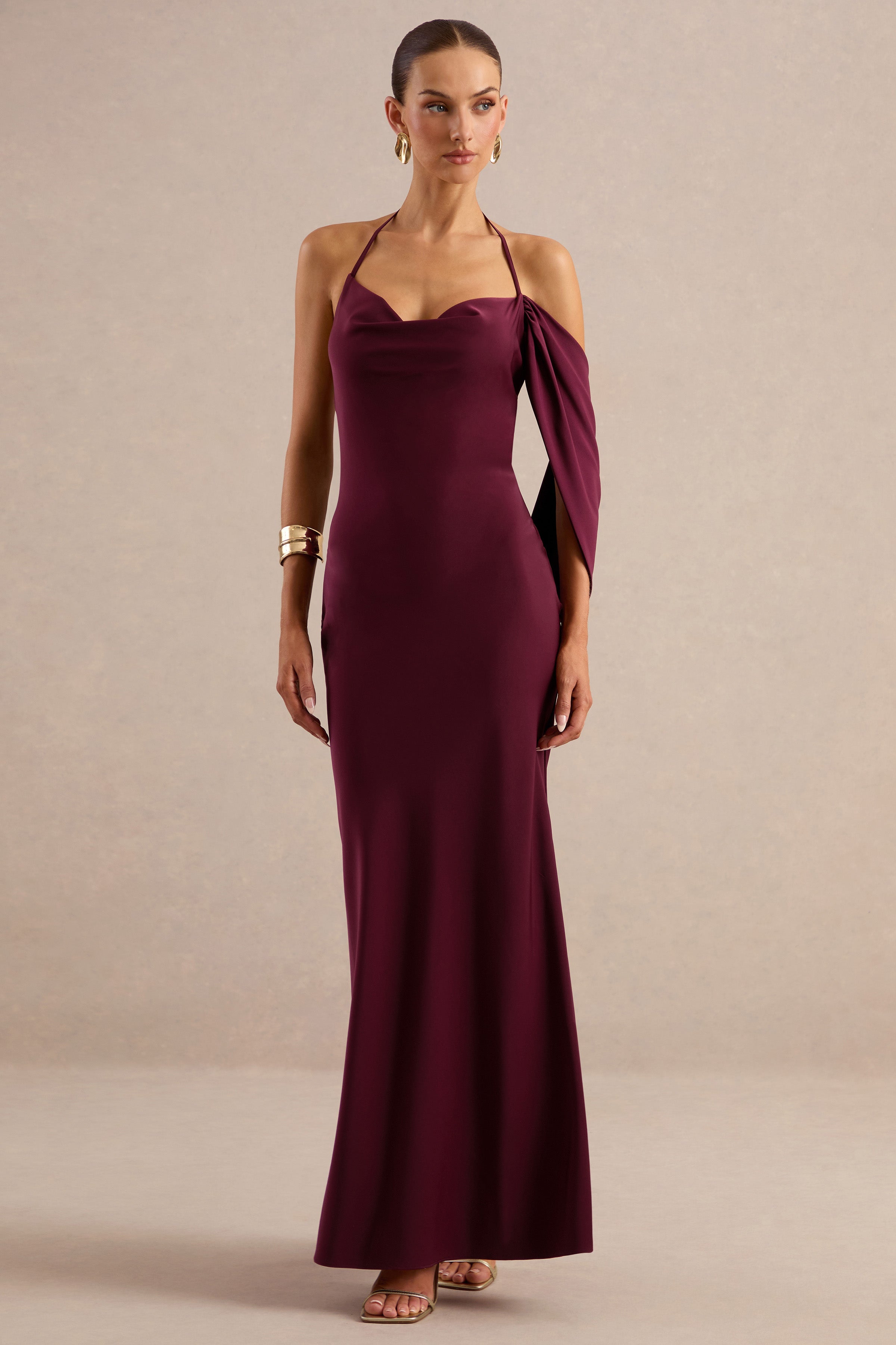 Karisa | Burgundy Satin Cowl-Neck Maxi Dress With Draped Detail