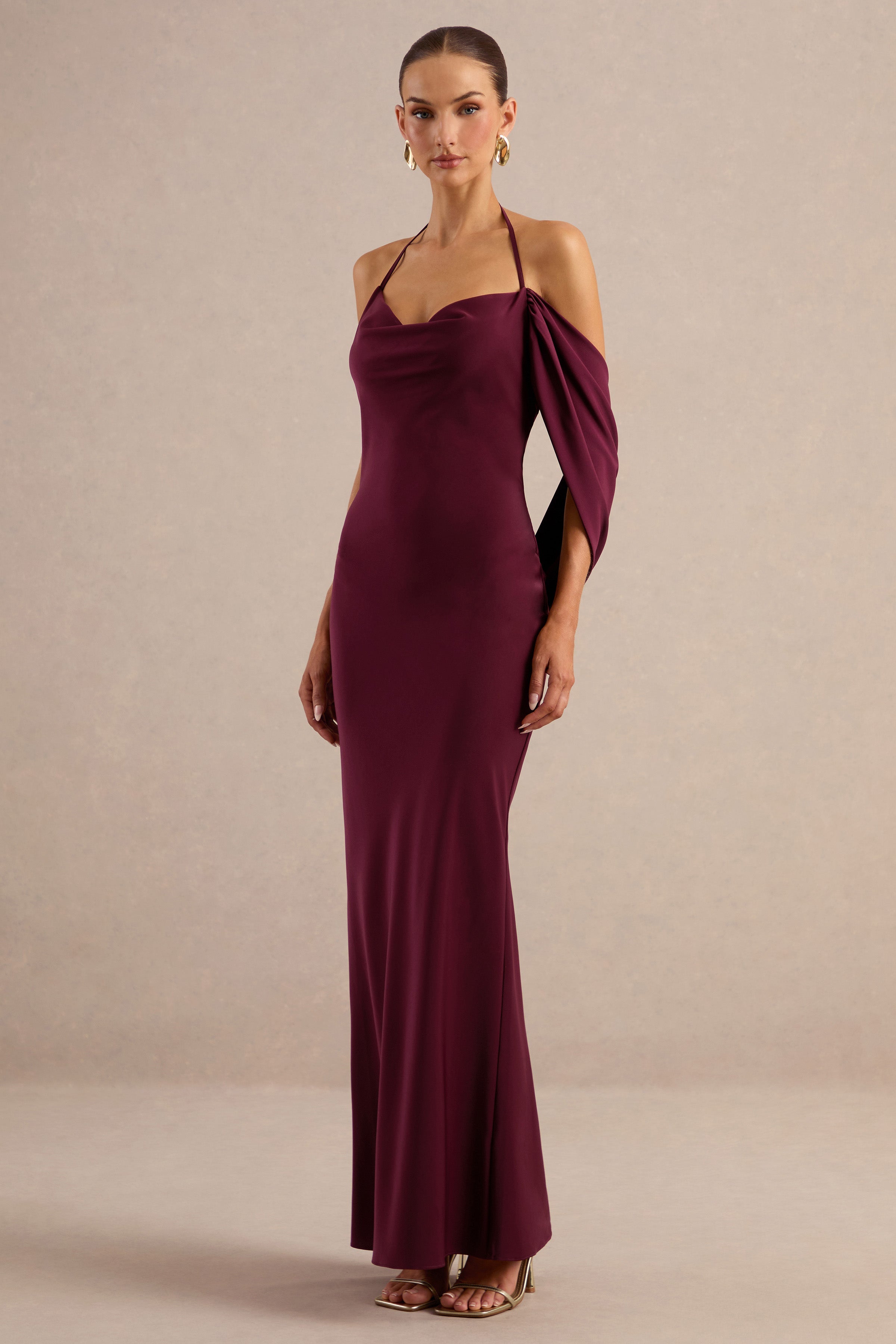 Karisa | Burgundy Satin Cowl-Neck Maxi Dress With Draped Detail