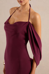 Karisa | Burgundy Satin Cowl-Neck Maxi Dress With Draped Detail
