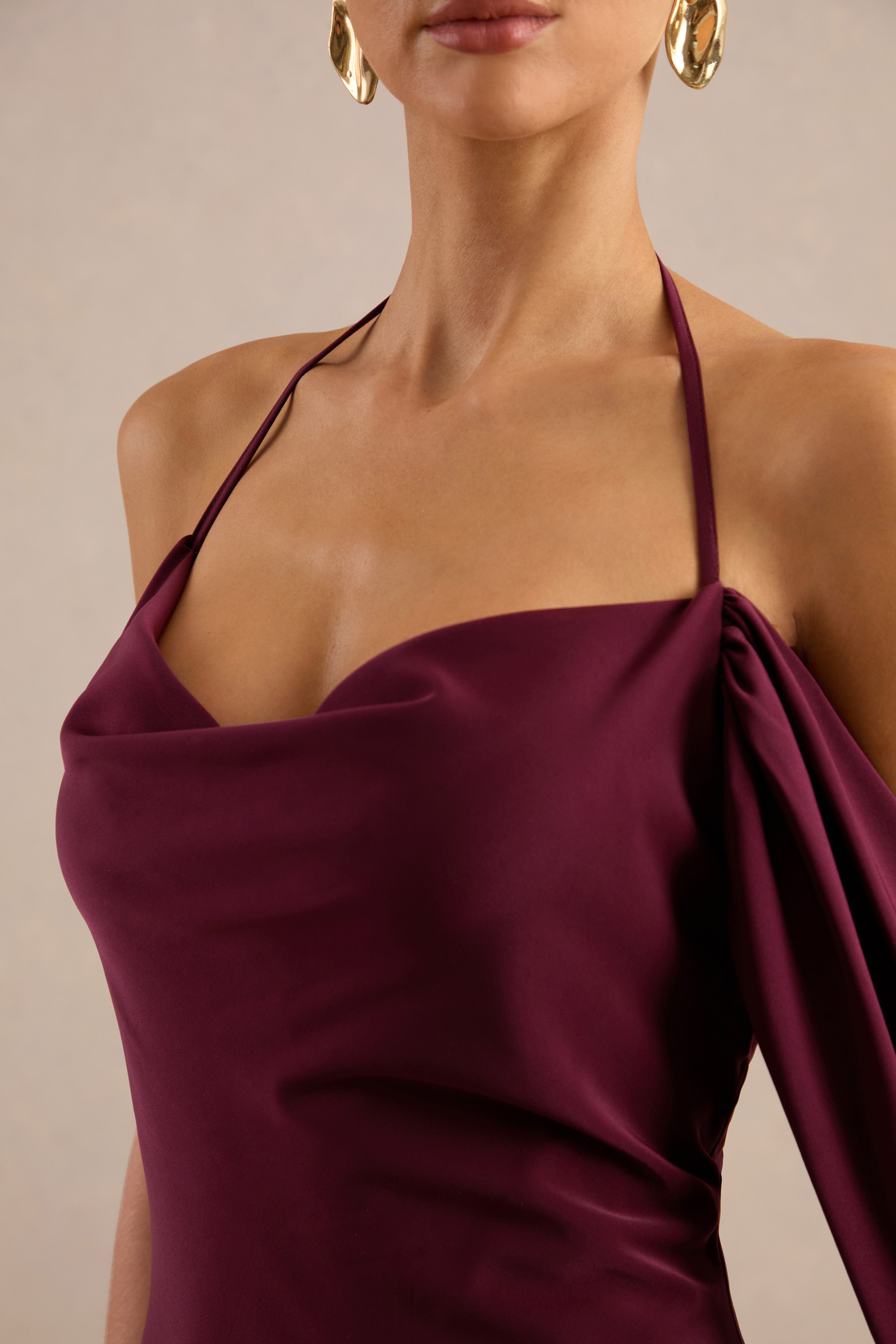 Karisa | Burgundy Satin Cowl-Neck Maxi Dress With Draped Detail