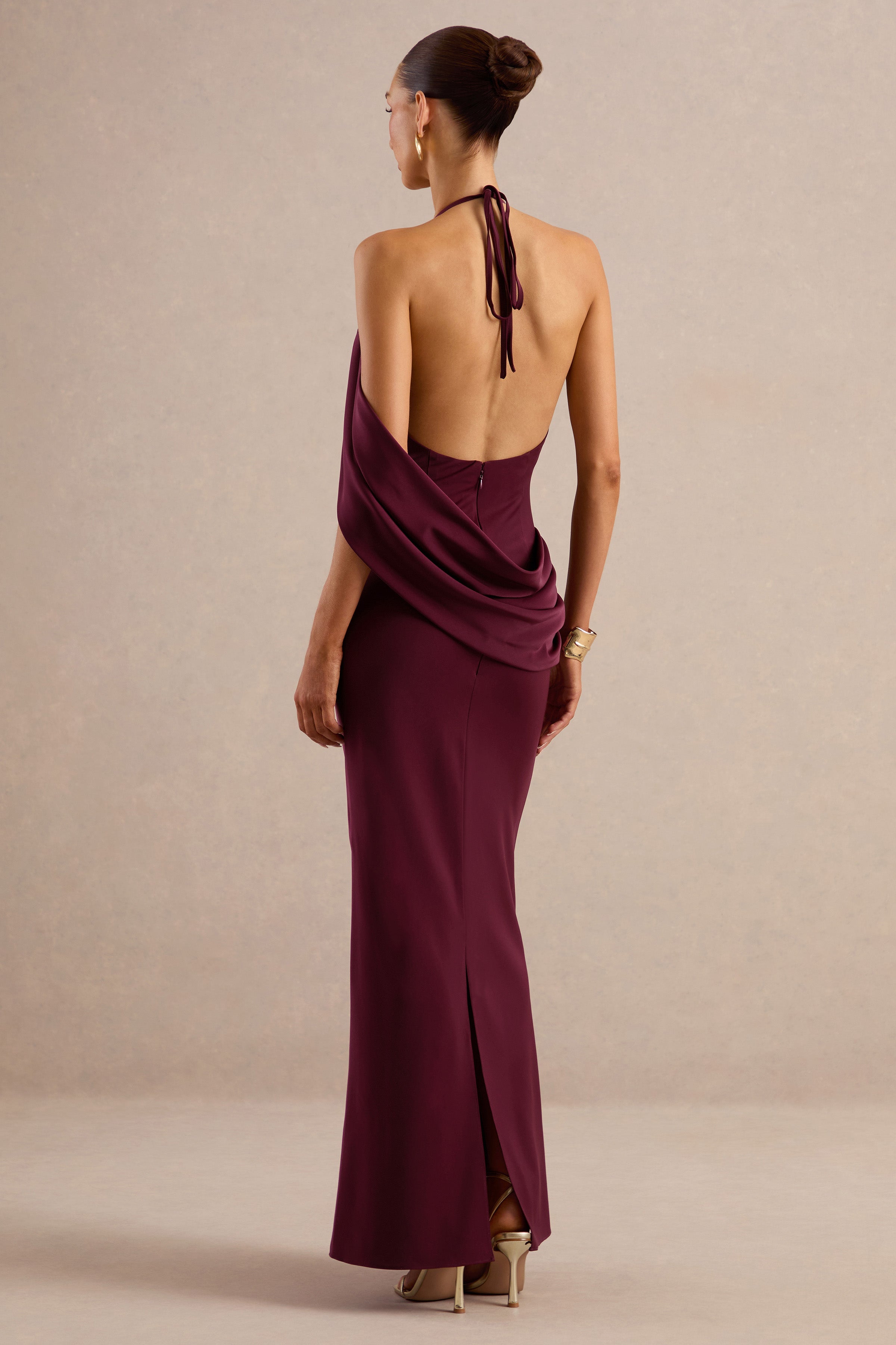 Karisa | Burgundy Satin Cowl-Neck Maxi Dress With Draped Detail