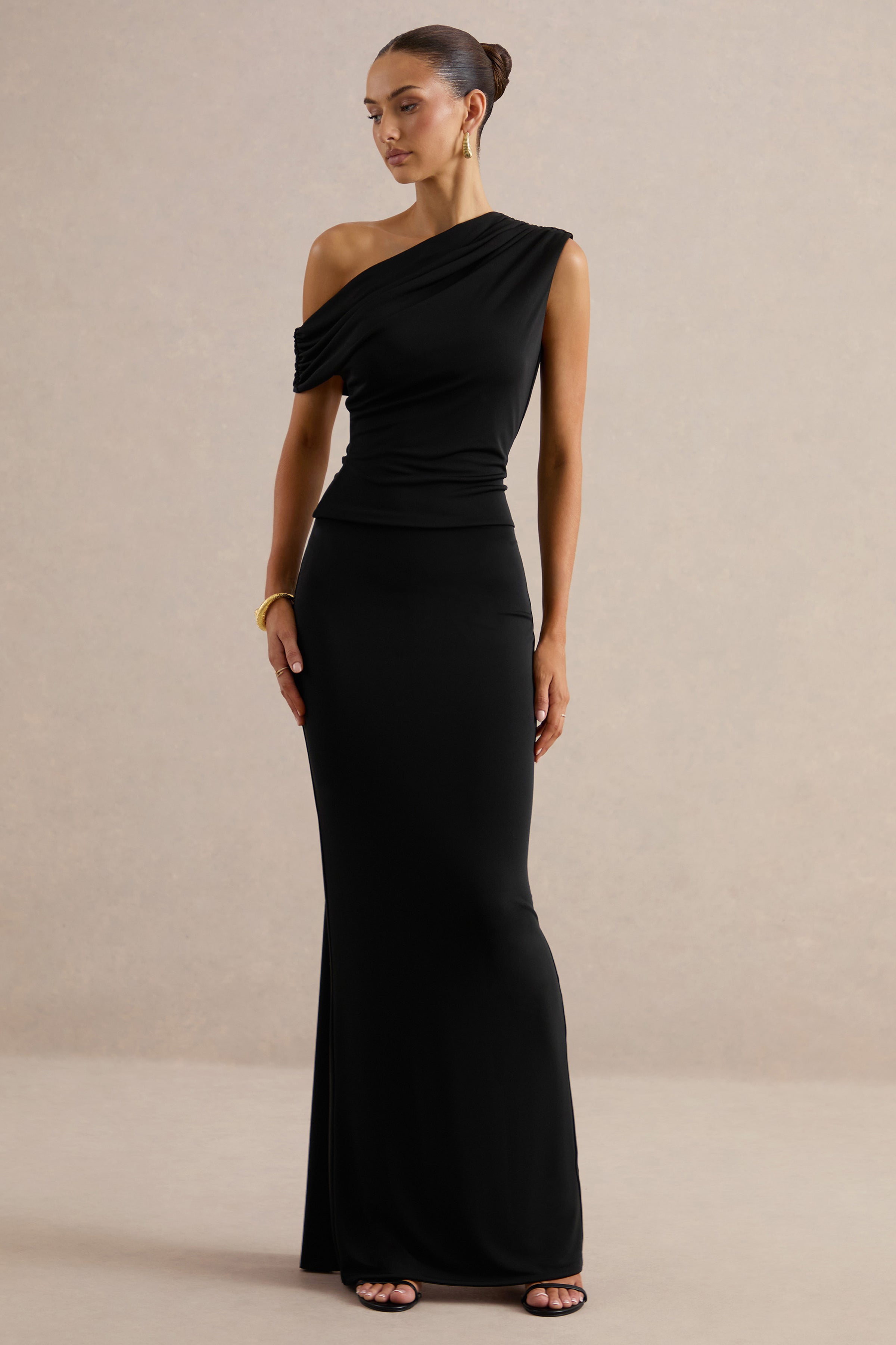 Koralia | Black Asymmetric-Neck Top With Sash Detail