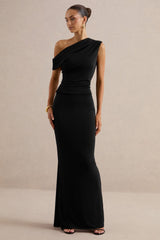 Koralia | Black Asymmetric-Neck Top With Sash Detail