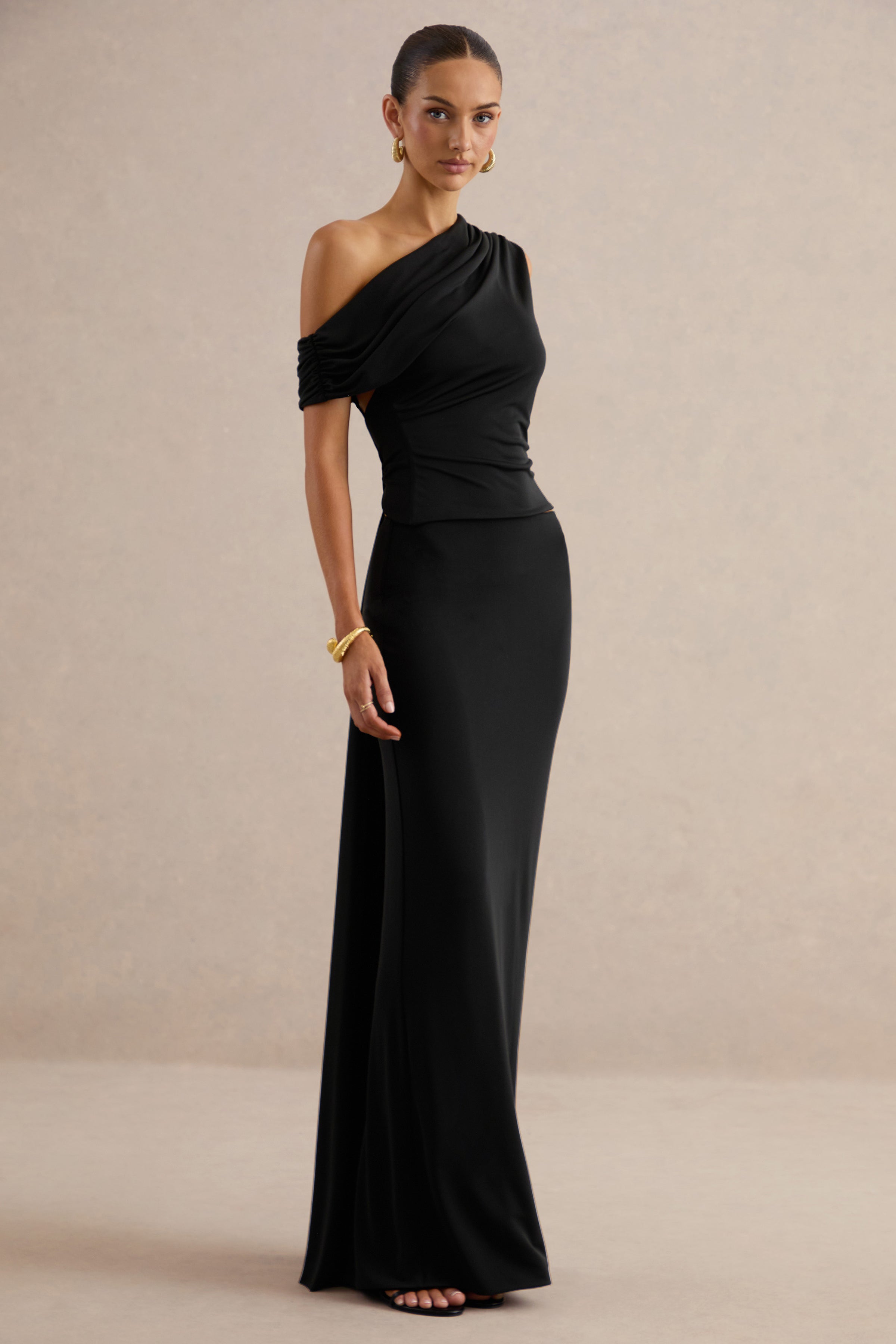 Koralia | Black Asymmetric-Neck Top With Sash Detail