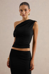 Koralia | Black Asymmetric-Neck Top With Sash Detail