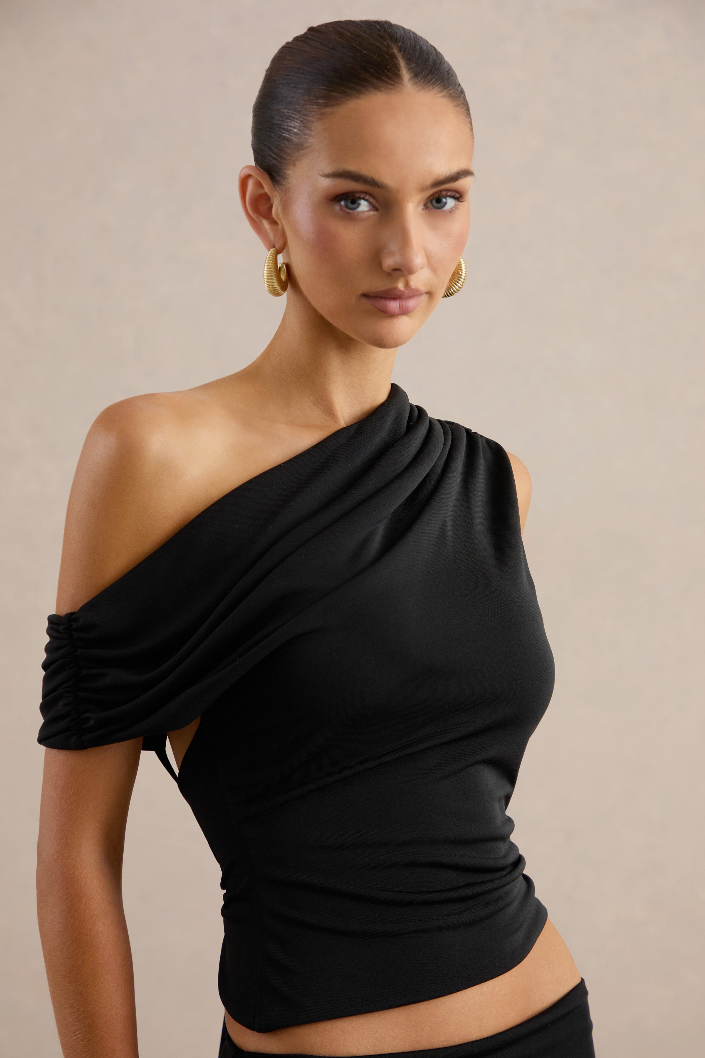 Koralia | Black Asymmetric-Neck Top With Sash Detail
