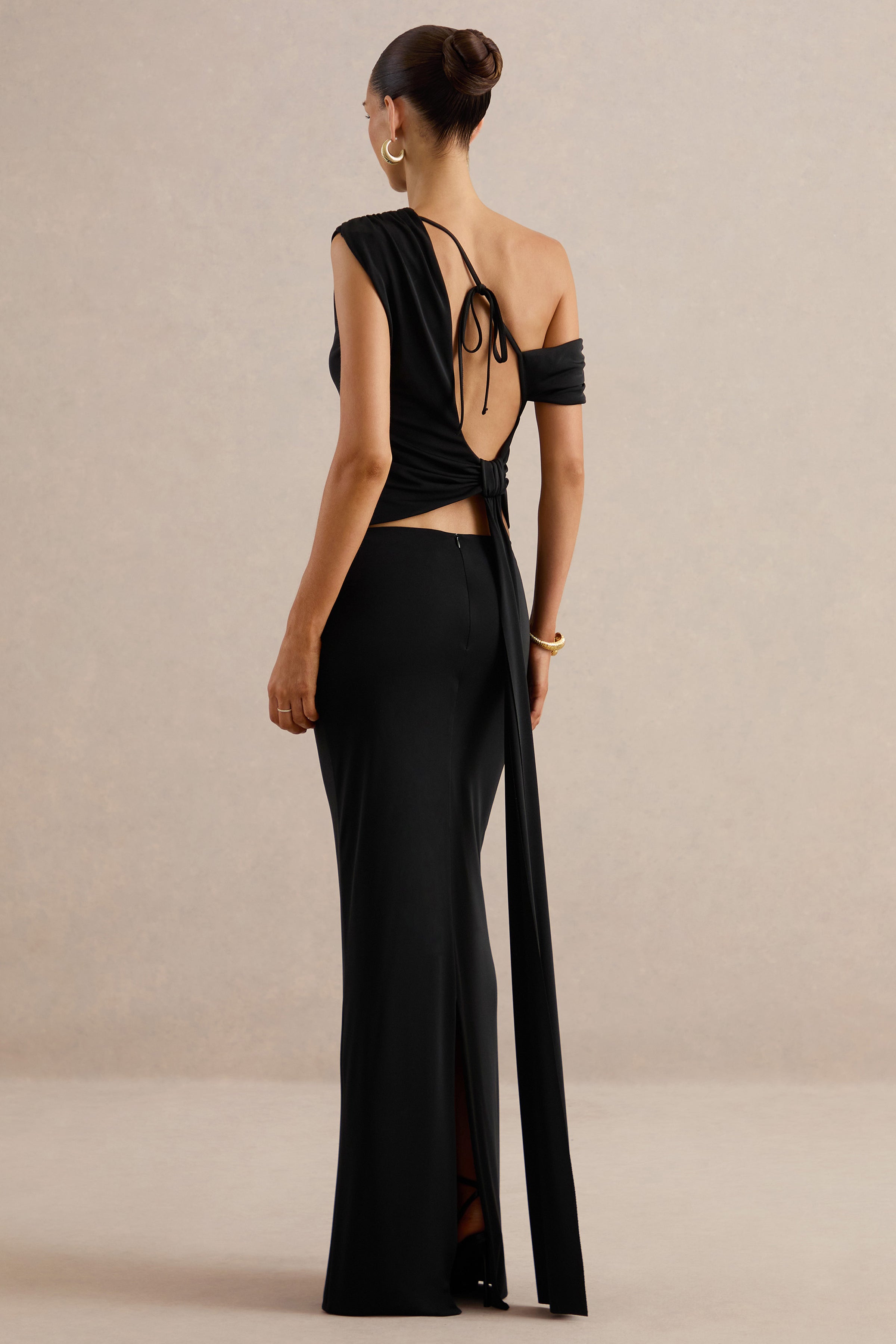 Koralia | Black Asymmetric-Neck Top With Sash Detail