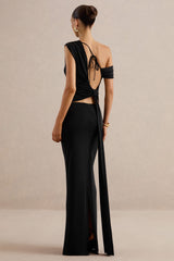 Koralia | Black Asymmetric-Neck Top With Sash Detail