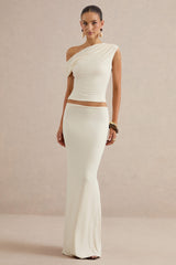 Koralia | Cream Asymmetric-Neck Top With Sash Detail