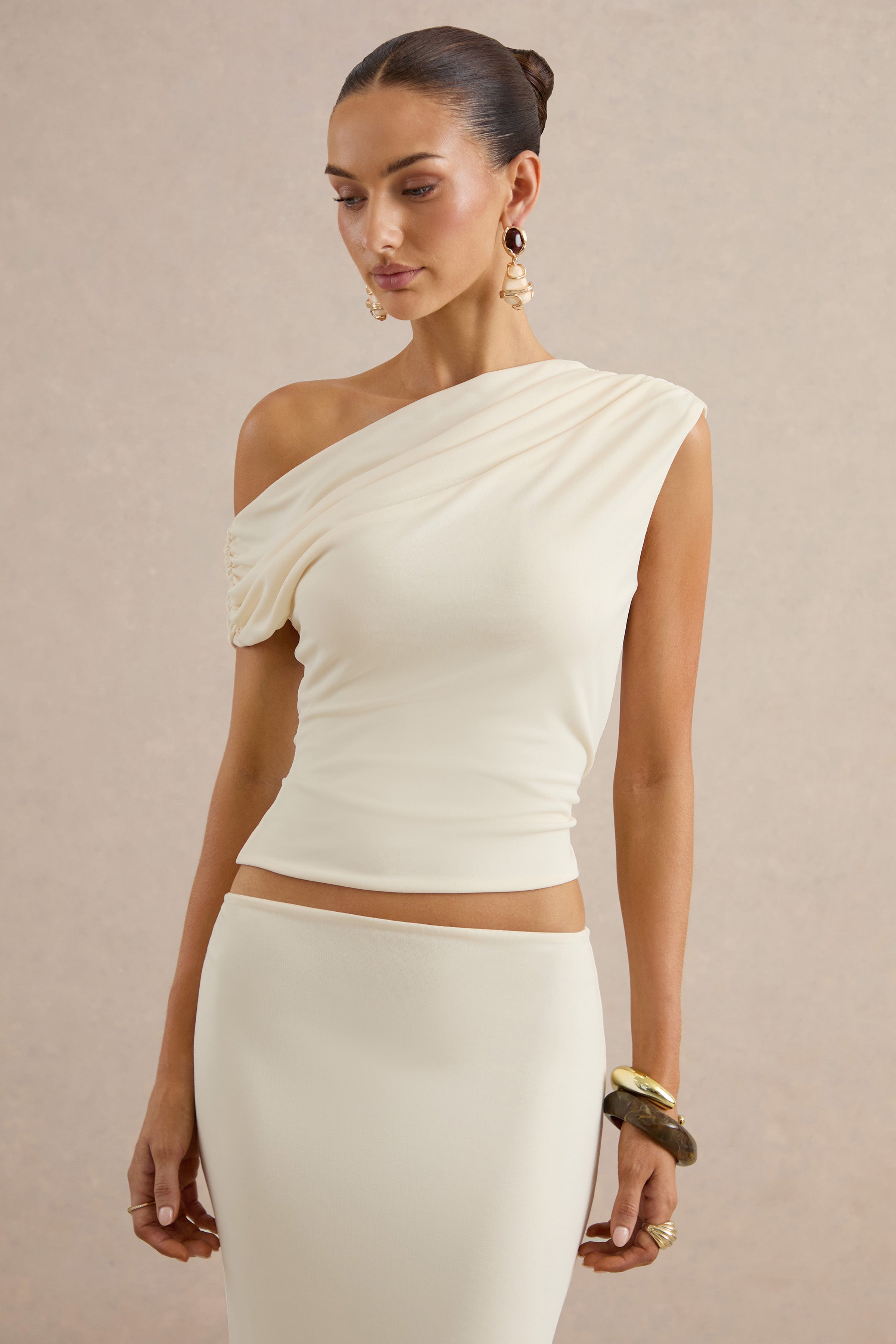 Koralia | Cream Asymmetric-Neck Top With Sash Detail