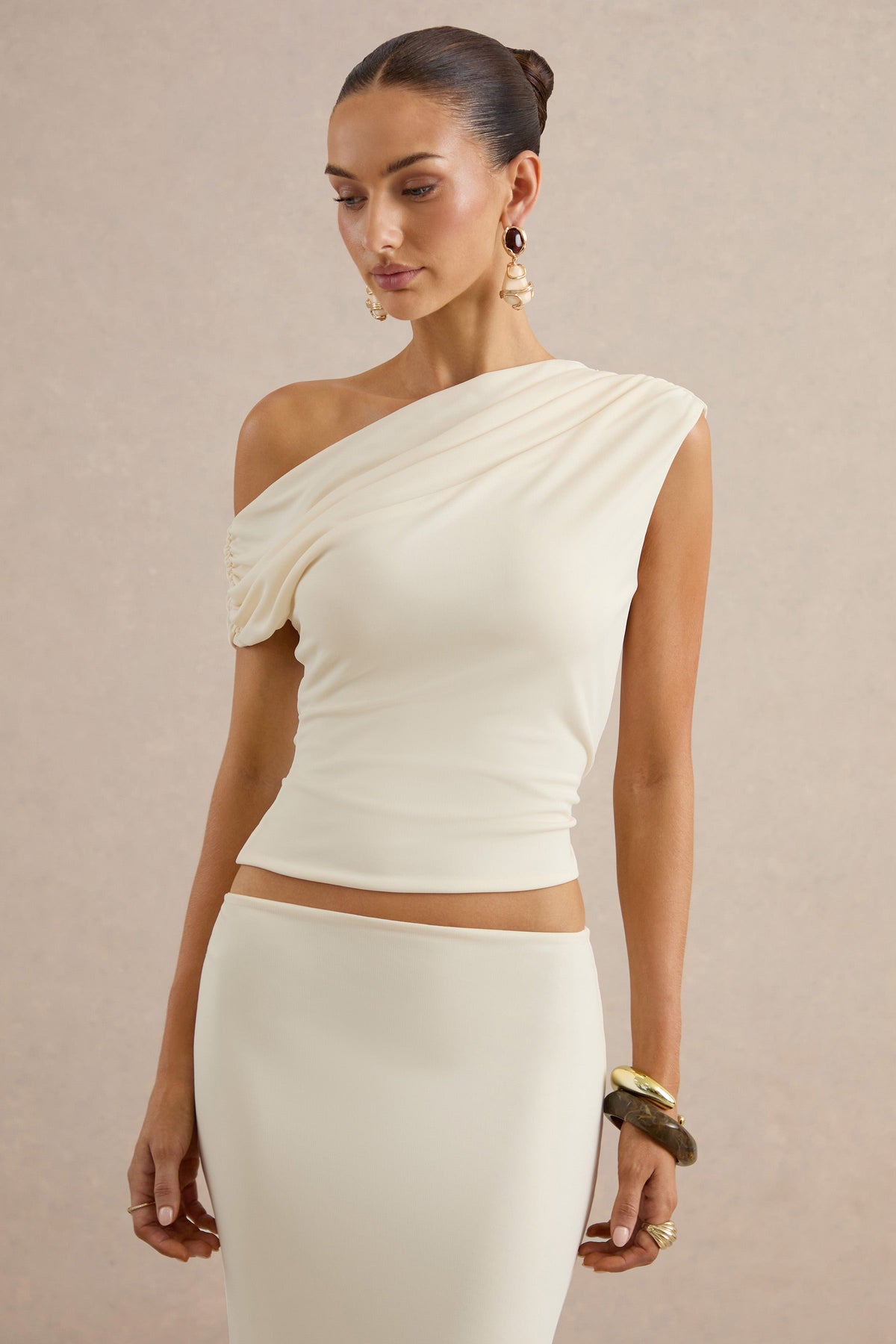 Koralia | Cream Asymmetric-Neck Top With Sash Detail