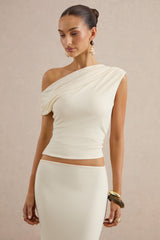 Koralia | Cream Asymmetric-Neck Top With Sash Detail