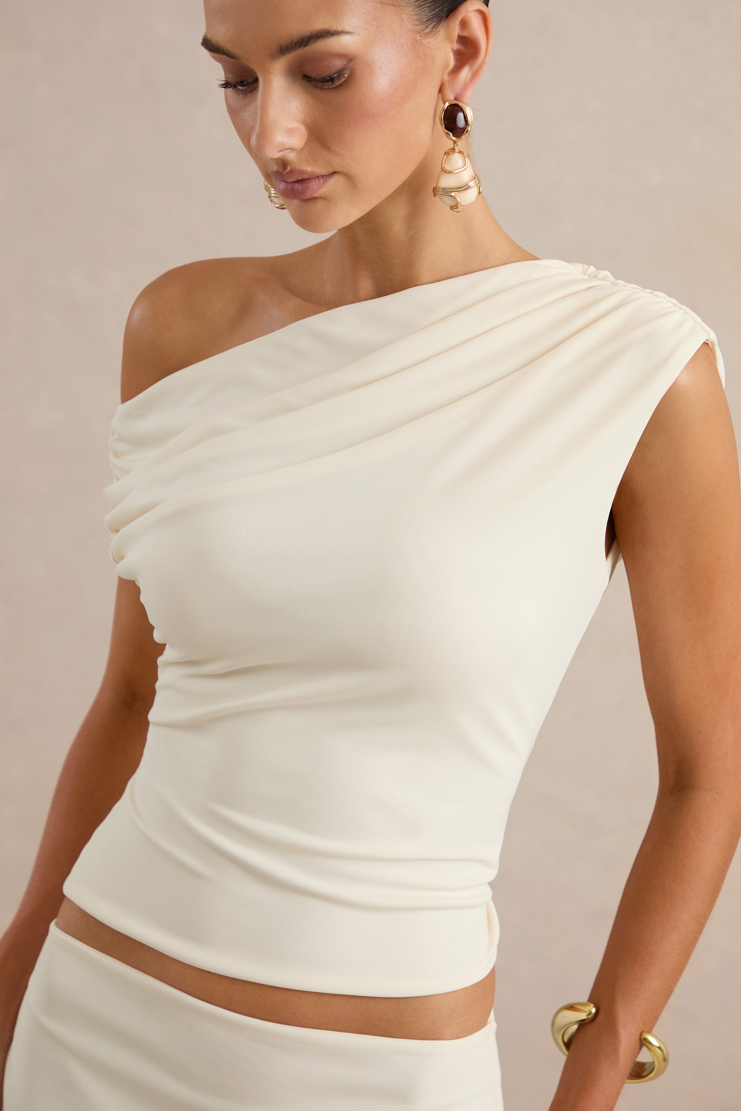 Koralia | Cream Asymmetric-Neck Top With Sash Detail