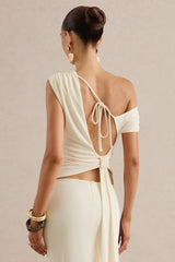 Koralia | Cream Asymmetric-Neck Top With Sash Detail
