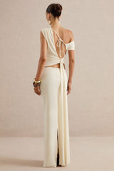 Koralia | Cream Asymmetric-Neck Top With Sash Detail
