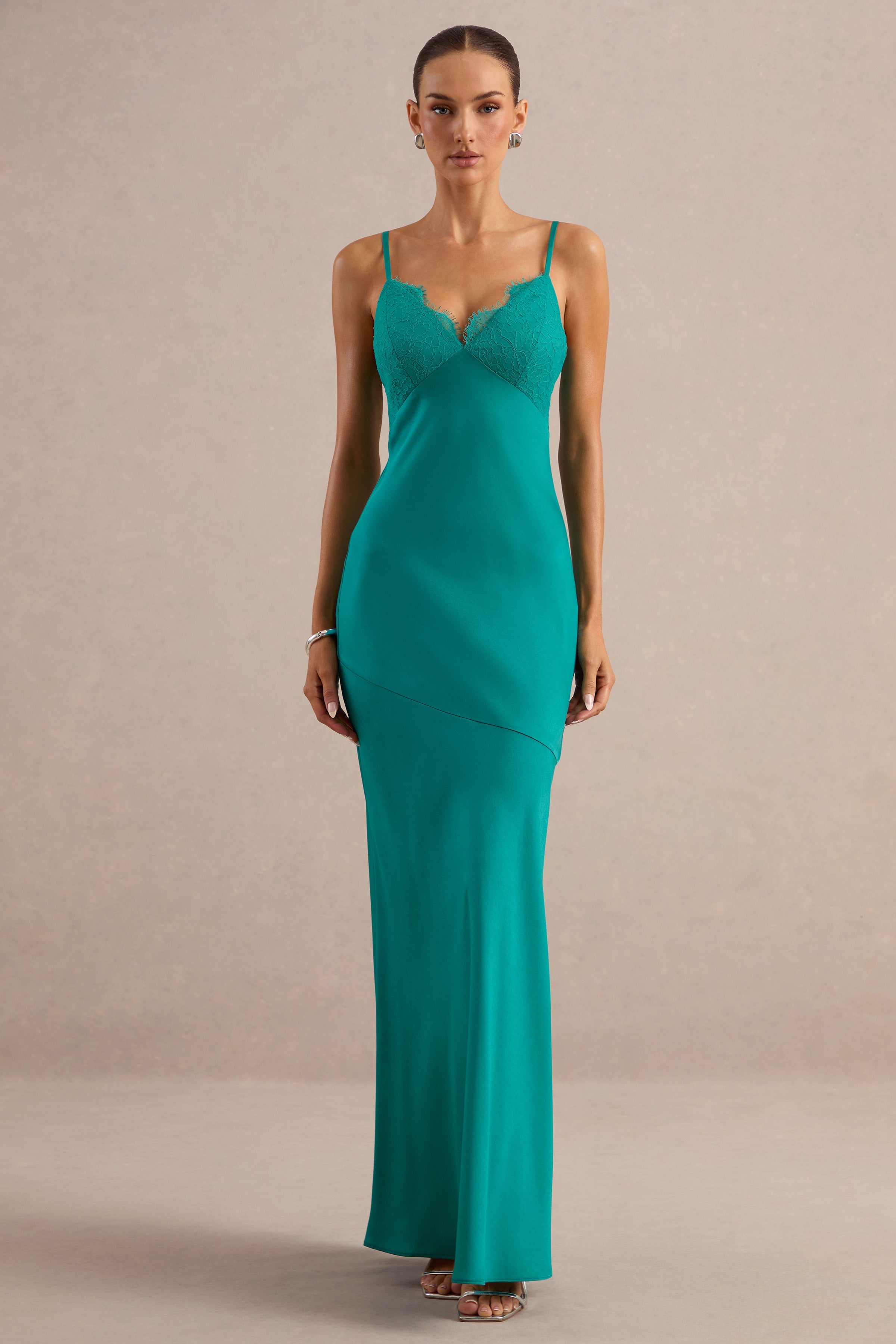 Kyralie | Green Satin V-Neck Maxi Dress with Lace Trim