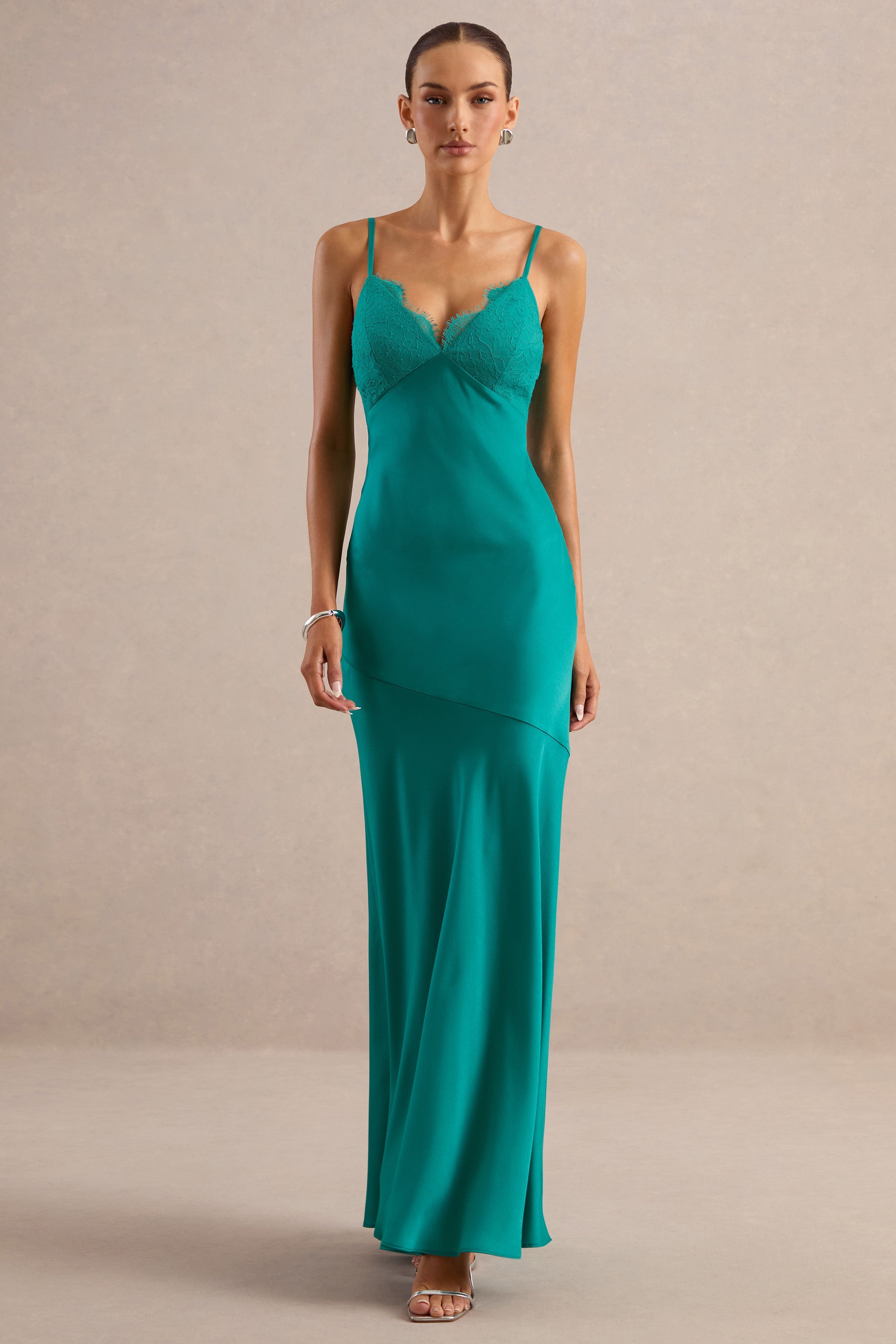 Kyralie | Green Satin V-Neck Maxi Dress with Lace Trim