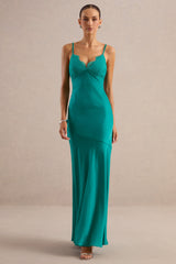 Kyralie | Green Satin V-Neck Maxi Dress with Lace Trim