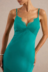 Kyralie | Green Satin V-Neck Maxi Dress with Lace Trim
