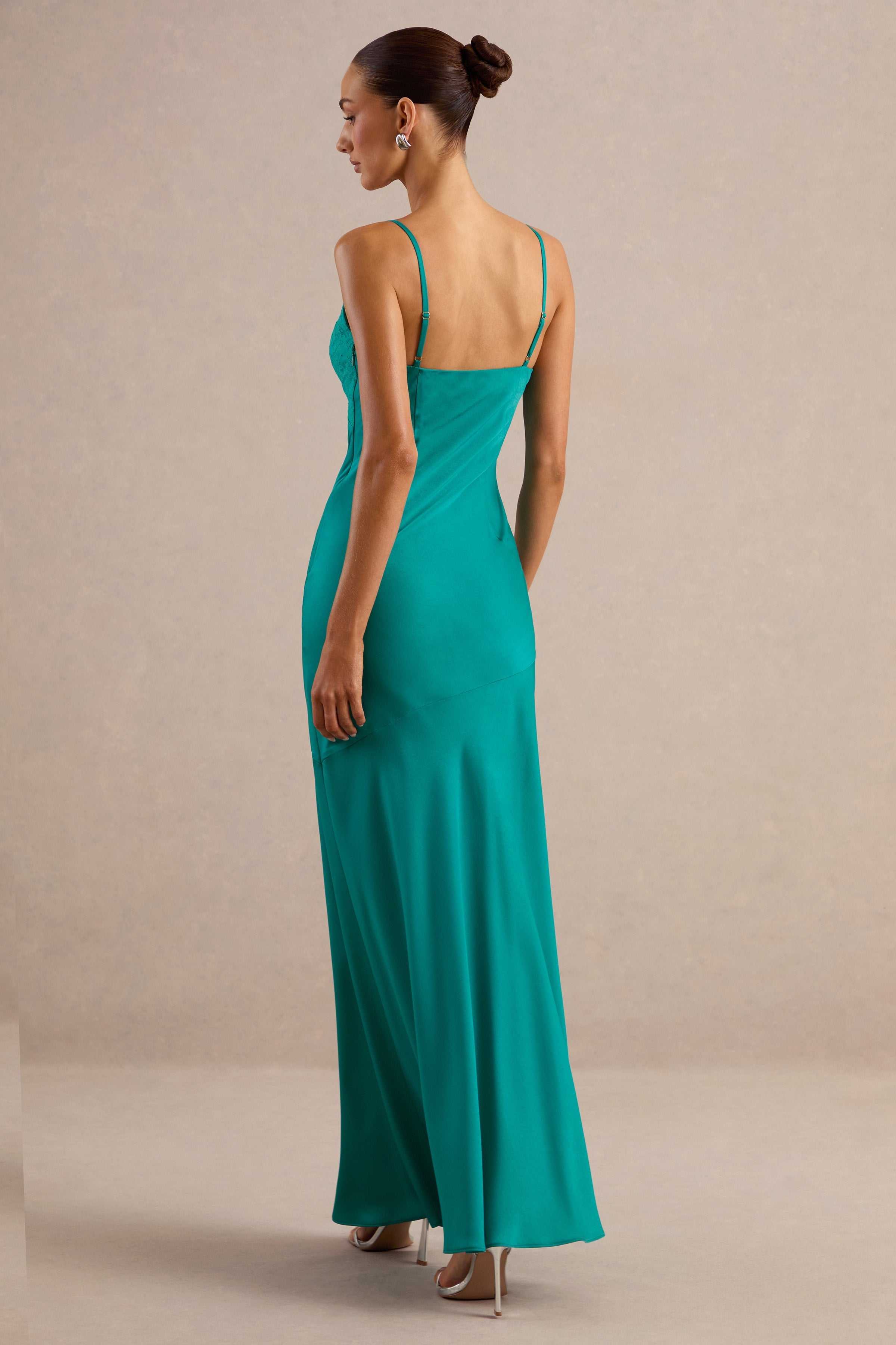 Kyralie | Green Satin V-Neck Maxi Dress with Lace Trim