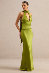 Lareina | Olive Satin Halter-Neck Top