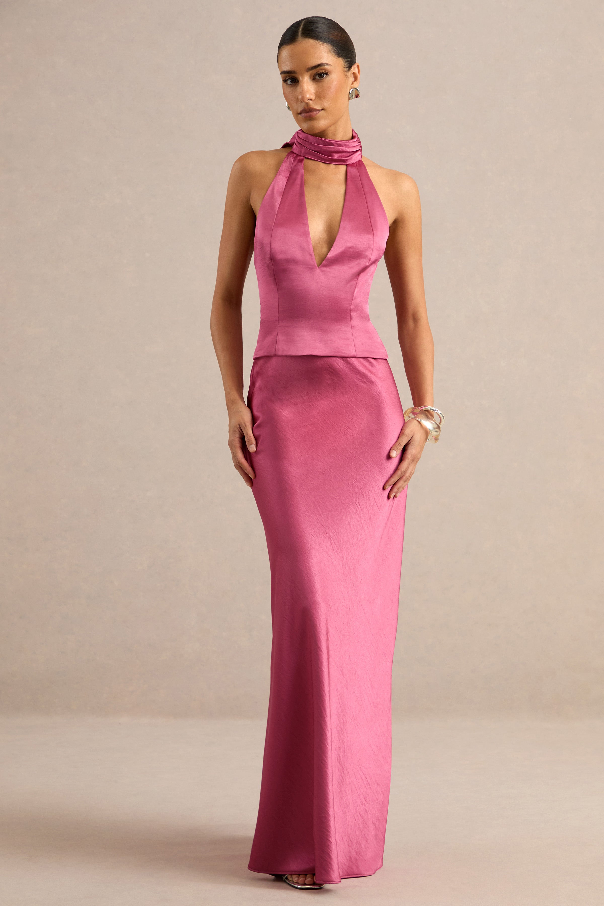 Lareina | Hot Pink Satin Halter-Neck Top