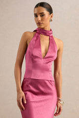 Lareina | Hot Pink Satin Halter-Neck Top