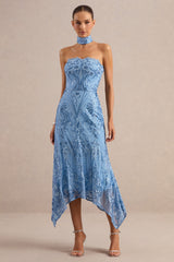 Galathea | Blue Lace Bandeau-Neck Midi Dress With Collar Detail