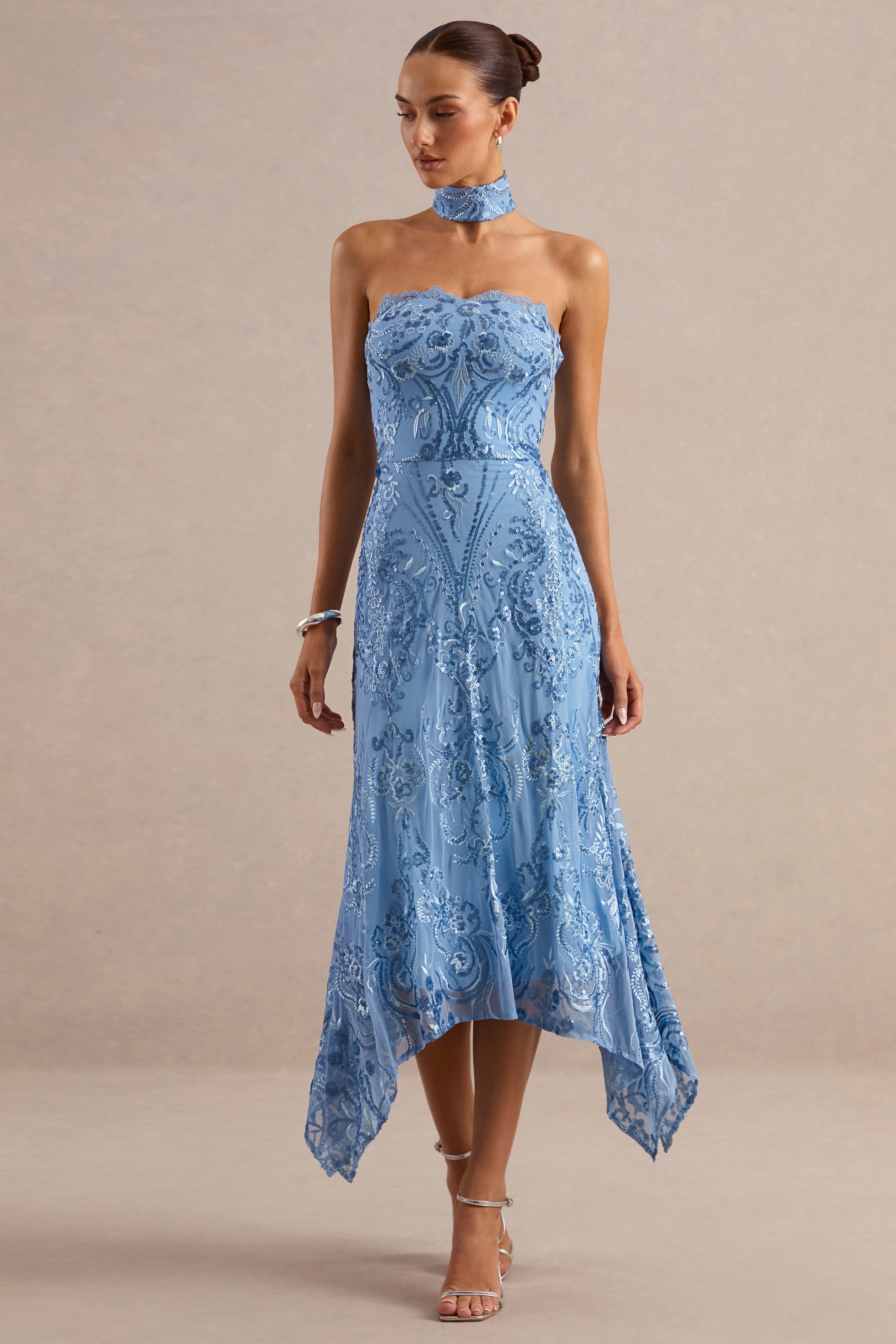 Galathea | Blue Lace Bandeau-Neck Midi Dress With Collar Detail