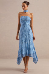 Galathea | Blue Lace Bandeau-Neck Midi Dress With Collar Detail