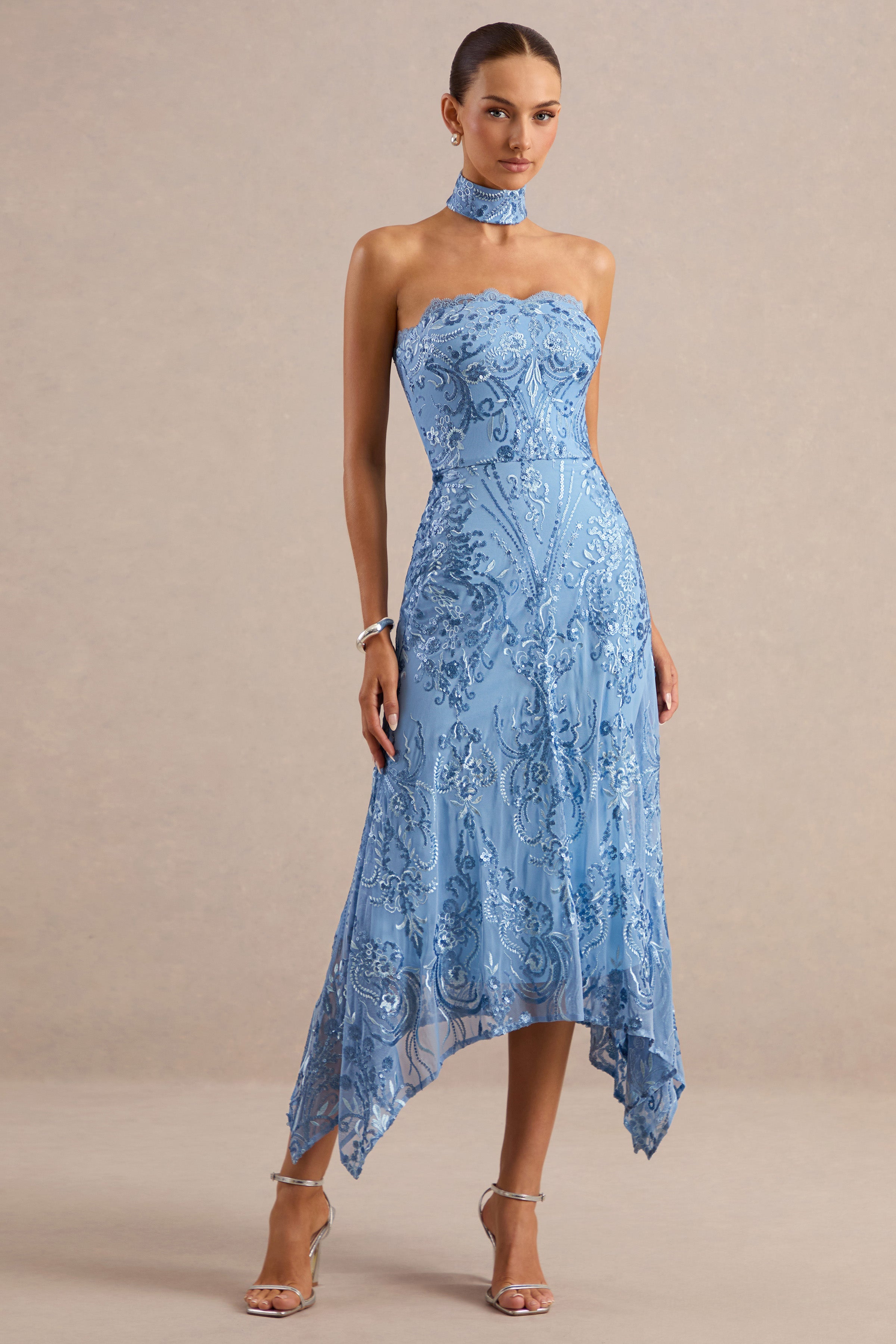Galathea | Blue Lace Bandeau-Neck Midi Dress With Collar Detail