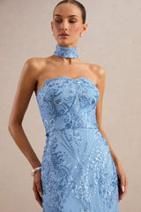 Galathea | Blue Lace Bandeau-Neck Midi Dress With Collar Detail