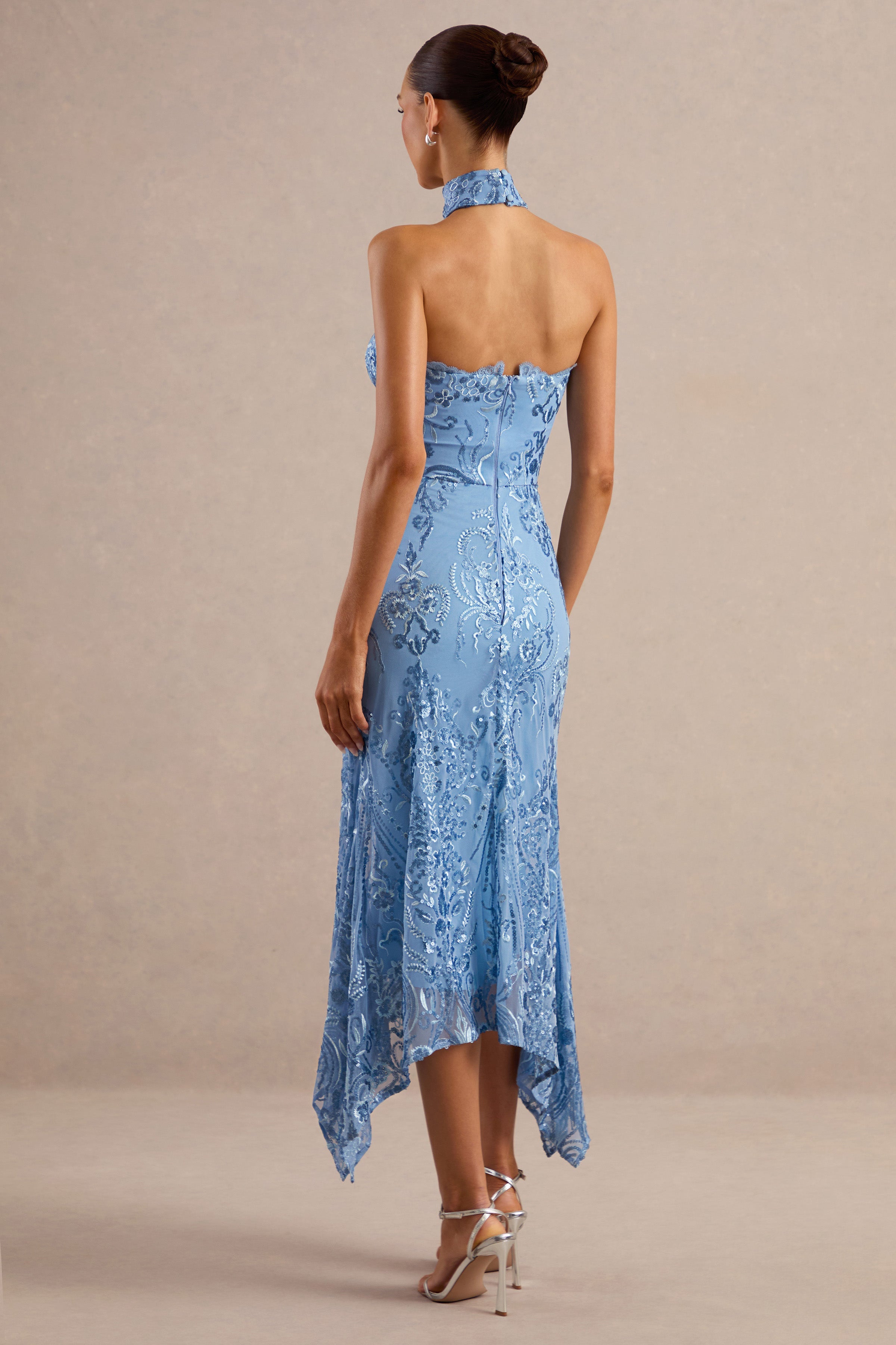 Galathea | Blue Lace Bandeau-Neck Midi Dress With Collar Detail