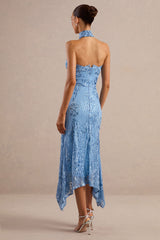 Galathea | Blue Lace Bandeau-Neck Midi Dress With Collar Detail