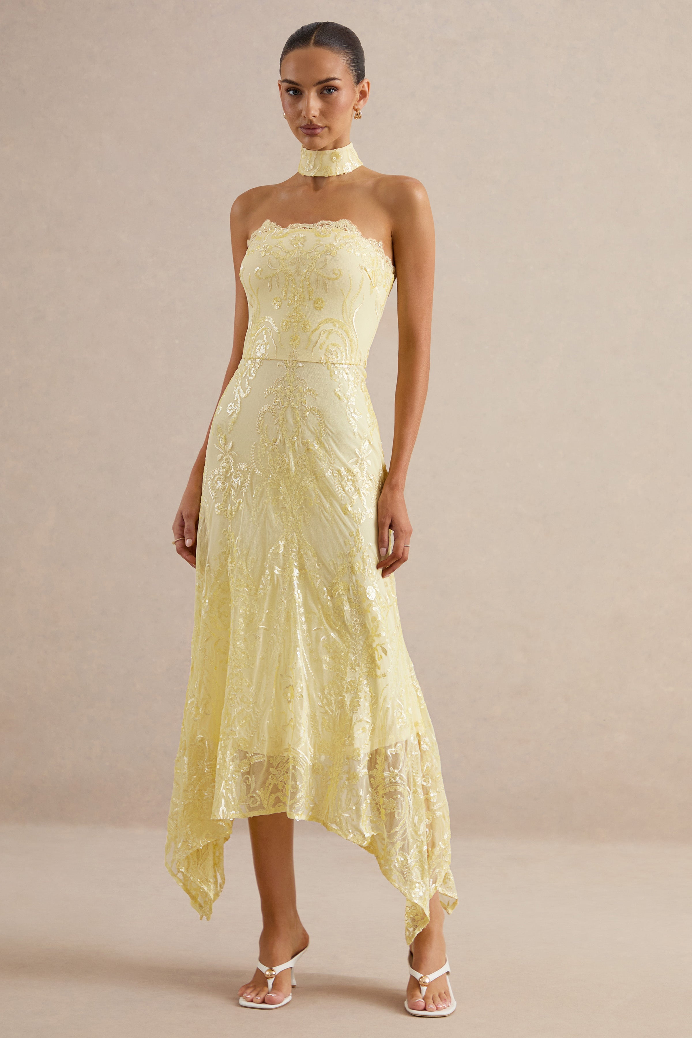 Galathea | Yellow Lace Bandeau-Neck Midi Dress With Collar Detail