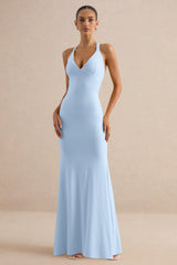 Goldiea | Light Blue Halter-Neck Fishtail Maxi Dress