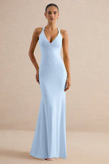 Goldiea | Light Blue Halter-Neck Fishtail Maxi Dress