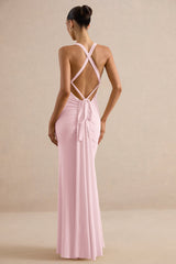Goldiea | Light Pink Halter-Neck Fishtail Maxi Dress