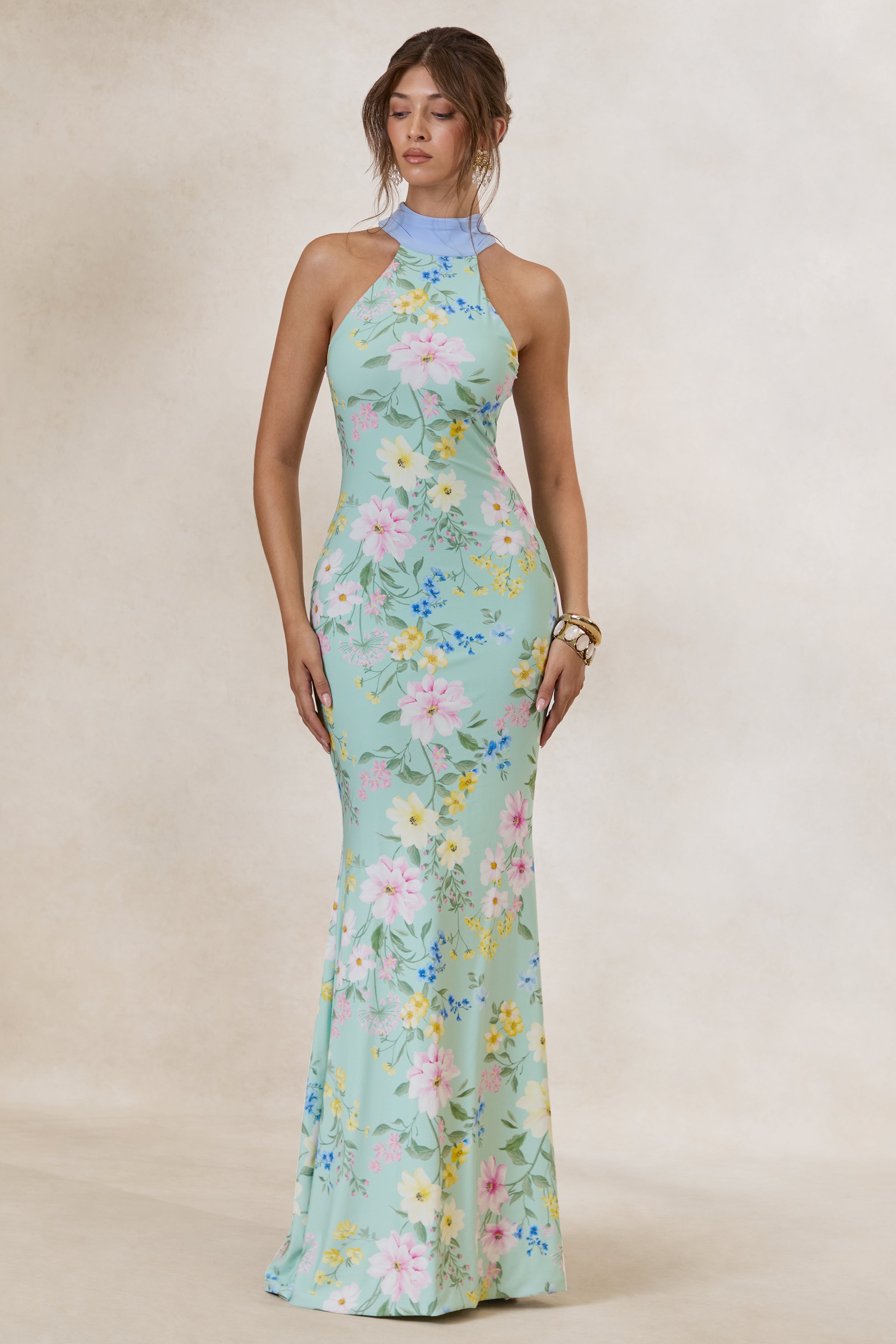Inarah | Mint Floral Print High-Neck Maxi Dress With Scarf Detail