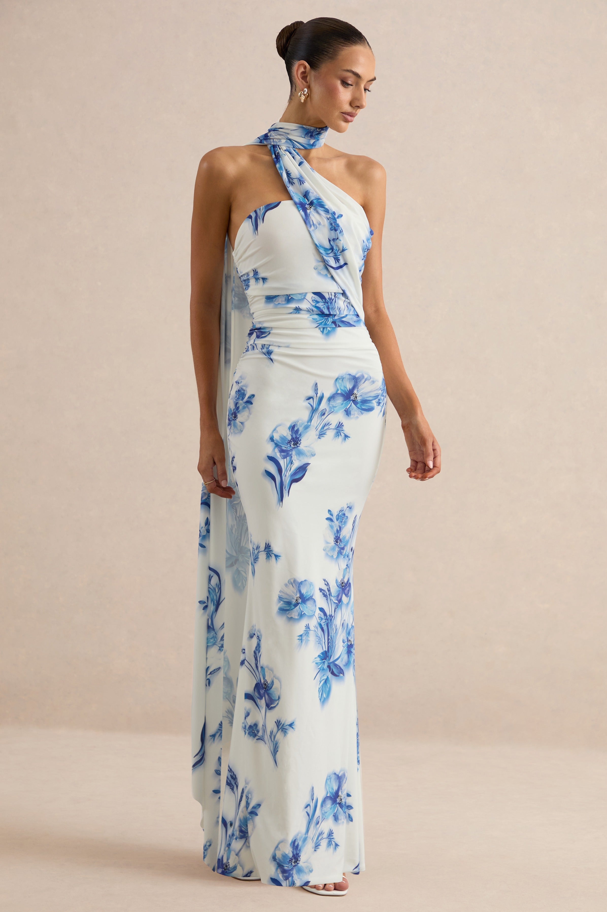 Iraida | Blue Floral Print High-Neck Maxi Dress With Scarf Detail