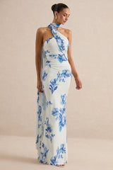 Iraida | Blue Floral Print High-Neck Maxi Dress With Scarf Detail