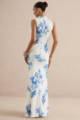 Isella | Blue Floral Print High-Neck Maxi Dress With Gathered Detailing