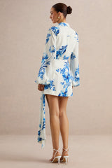 Itzara | Blue Floral Print Plunge-Neck Wrap Dress With Belt Detail