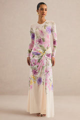 Malva | Cream Floral Print Mesh Maxi Skirt With Twist Detail And Front High Split