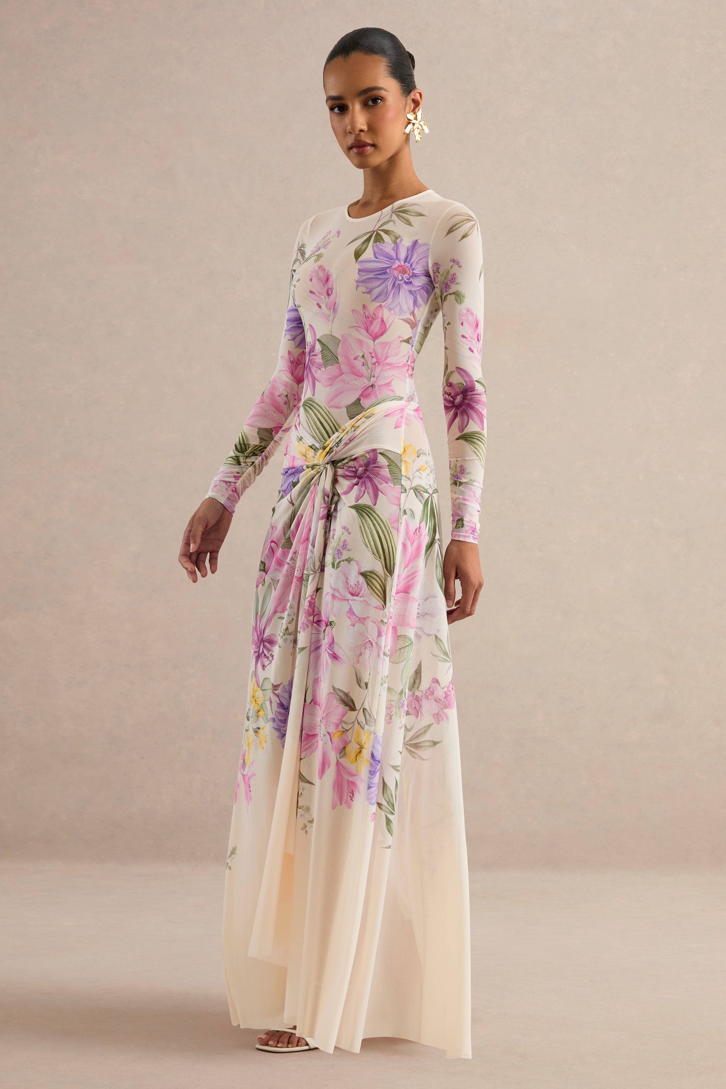 Malva | Cream Floral Print Mesh Maxi Skirt With Twist Detail And Front High Split