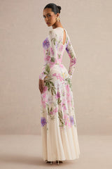 Malva | Cream Floral Print Mesh Maxi Skirt With Twist Detail And Front High Split