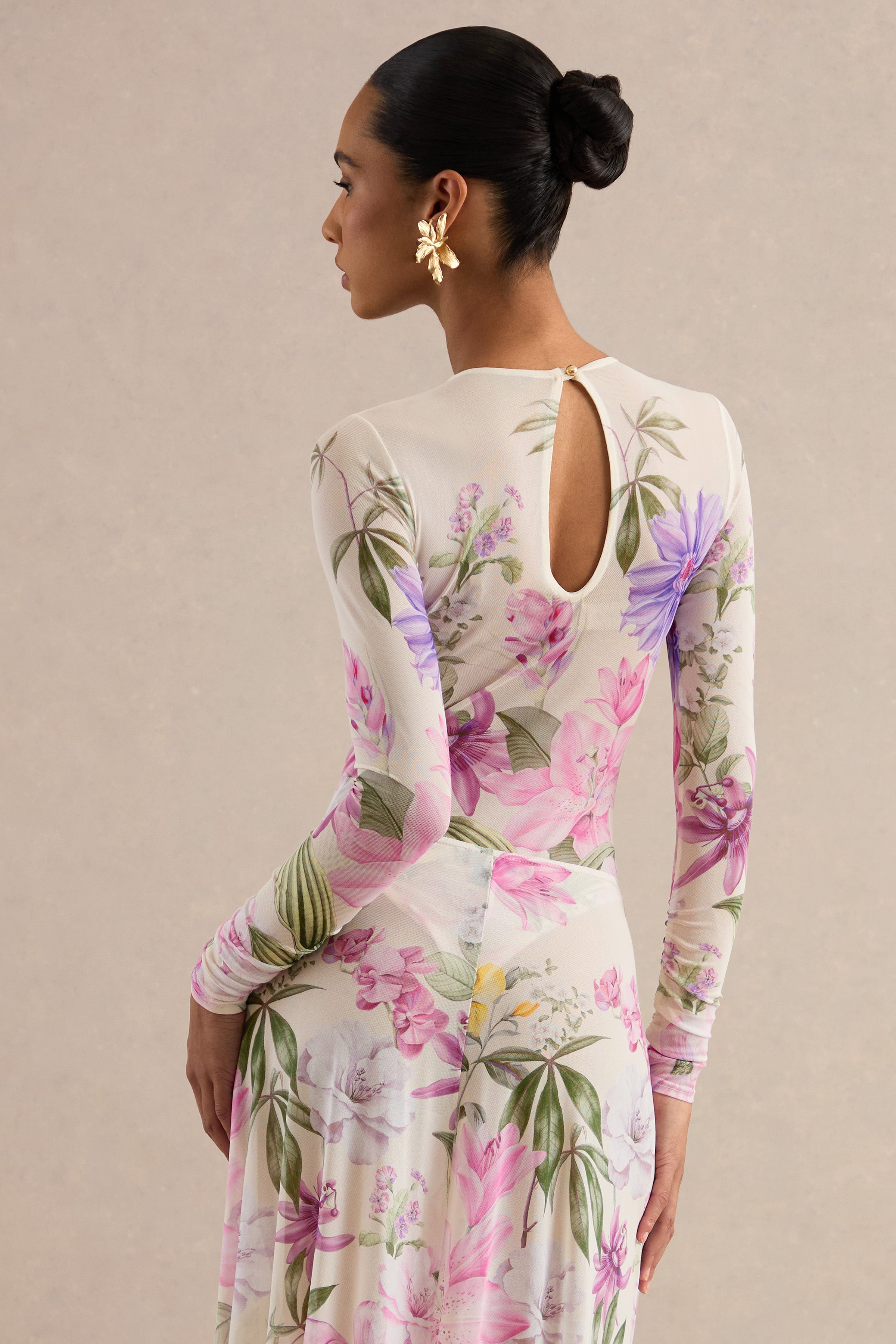 Malva | Cream Floral Print Mesh Round-Neck Bodysuit